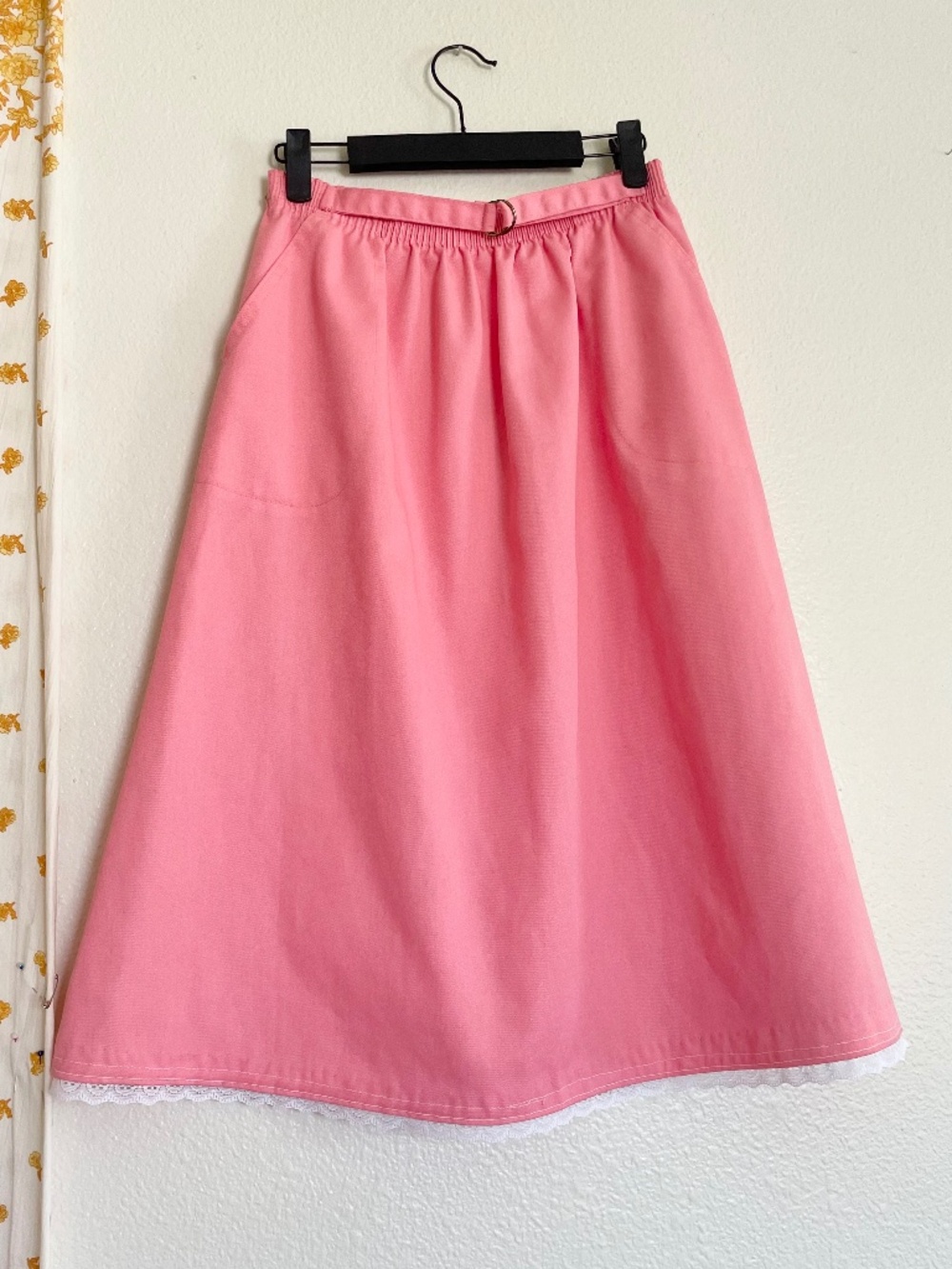 Vintage 80s Coral Pink Midi Skirt Lace Trim Made in USA